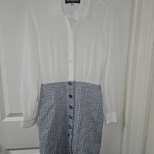 Karl Lagerfeld Two-Tone Button Front Dress - White & Navy Tweed